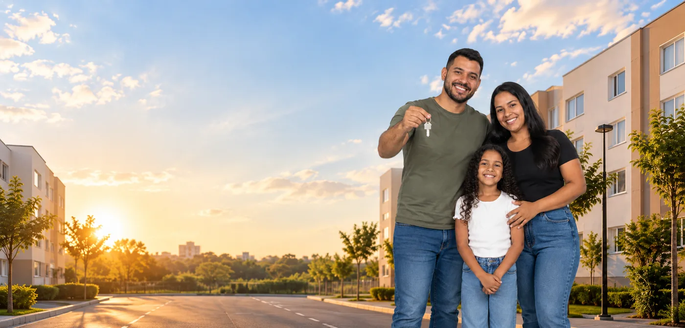 Família recebendo a chave do apartamento em frente ao condomínio, ao pôr do sol